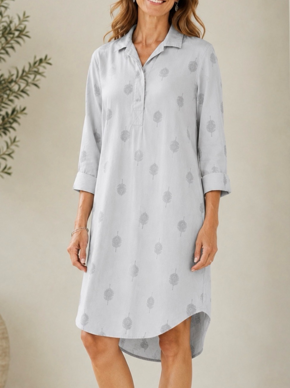 Soft Surroundings Pale Gray Peacock Feather Embroidered Midi Tunic Dress